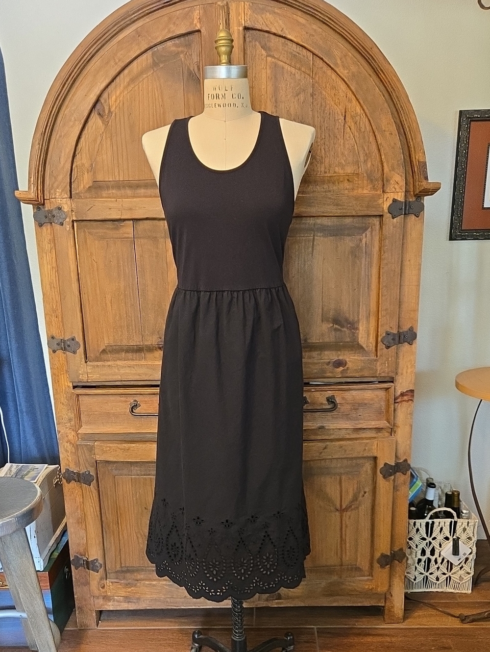 Ulla Popken Black Sleeveless Midi Dress with Scalloped Eyelet Hem